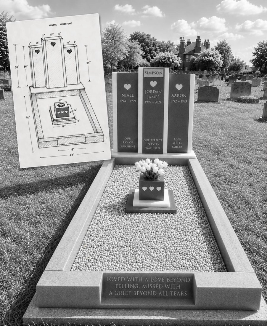 A headstone with a sketched design worked up in the corner