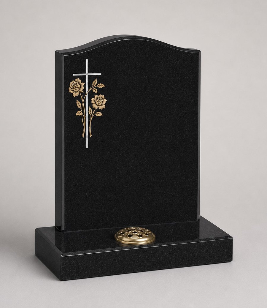 Special offer black granite ogee-top memorial with gold cross and rose design and flower container